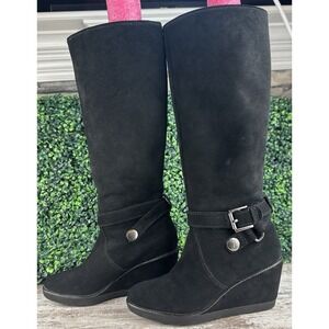 COACH Candid Wedge Tall Boots Women's 6.5B Black Suede Knee High Pull On Buckle